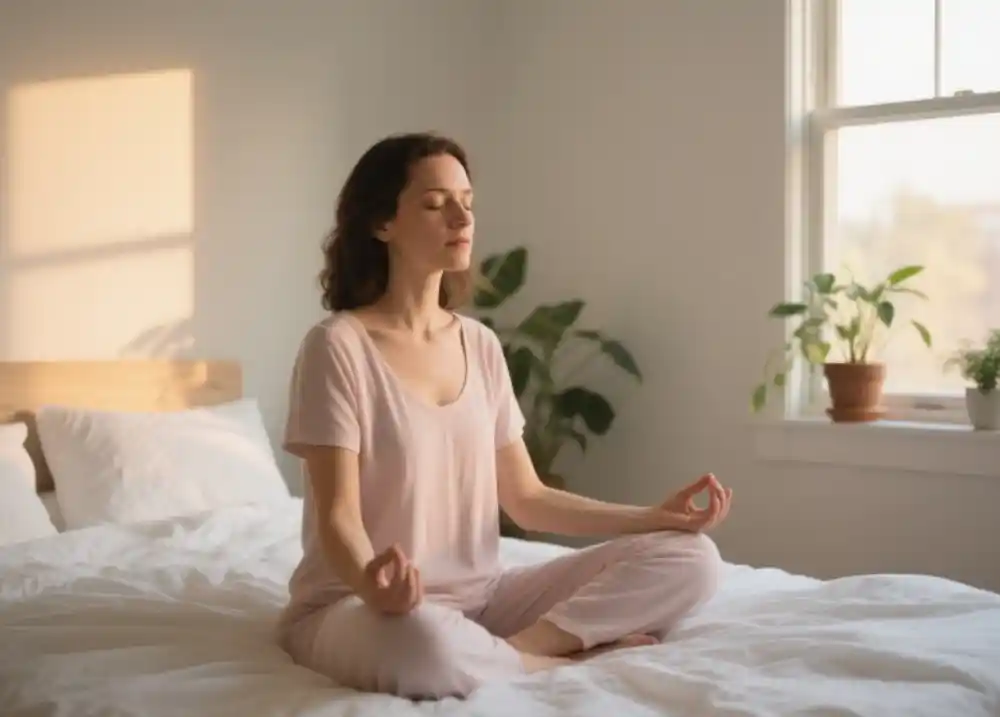 Serene American woman in her 30s, natural light streaming through a bedroom window, sitting cross-legged on a soft white duvet, eyes gently closed in meditation, wearing simple pastel loungewear, soft golden hour glow, calm expression, minimal Scandinavian-style room, plants on windowsill