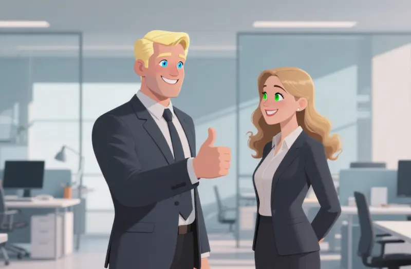 American business colleagues: man showing approval with thumbs up to woman in office environment