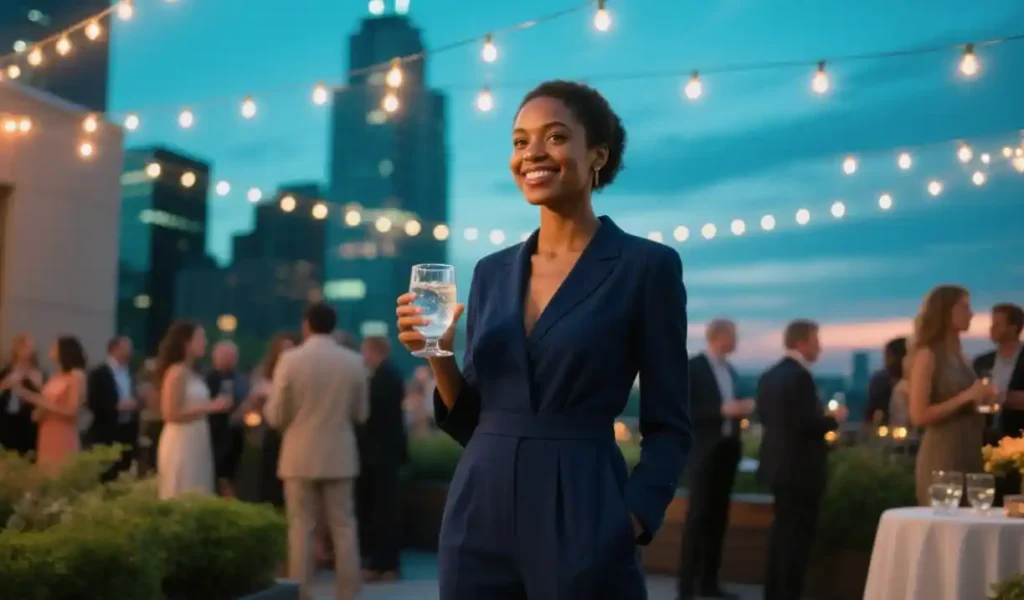 Elegant outdoor evening networking event in a modern American city rooftop garden, twilight blue hour sky, fairy lights overhead, a poised African-American woman in a tailored navy jumpsuit holding a glass of sparkling water, calm confident smile, soft lens flare from string lights, other guests pleasantly blurred in background