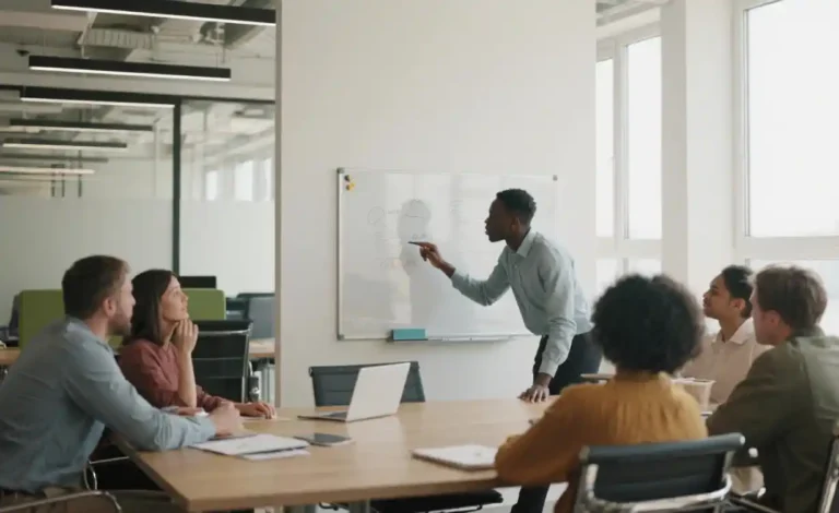 a young Black man leaning forward to share an idea on a whiteboard, colleagues listening with interest