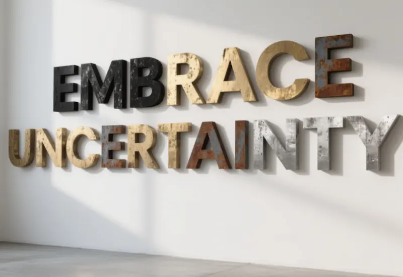 Minimalist 3D metal typography art spelling 'EMBRACE UNCERTAINTY' with weathered metallic textures on white wall - modern motivational wall decor