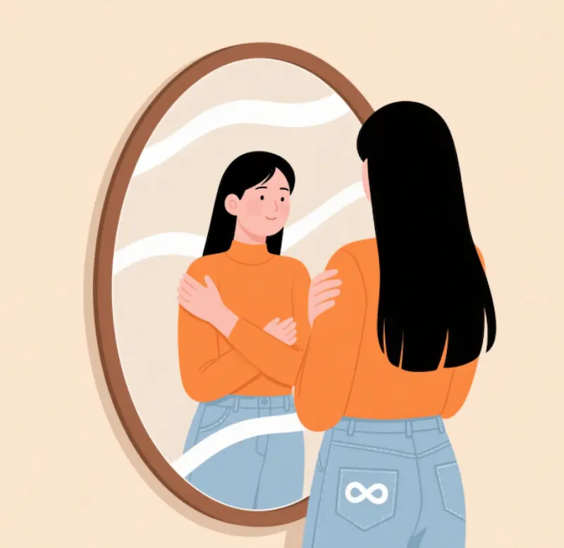 Person looking at mirror with confidence, symbolizing self-awareness and growth beyond the Barnum effect