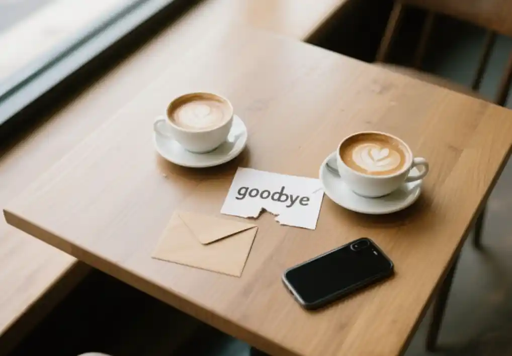 Minimalist flat-lay, top-down view of a wooden coffee-shop table, two half-finished lattes, one smartphone facedown, torn envelope pieces spelling ‘goodbye’, soft natural window light, neutral earthy tones, evokes quiet exit from friendship and relationship changes