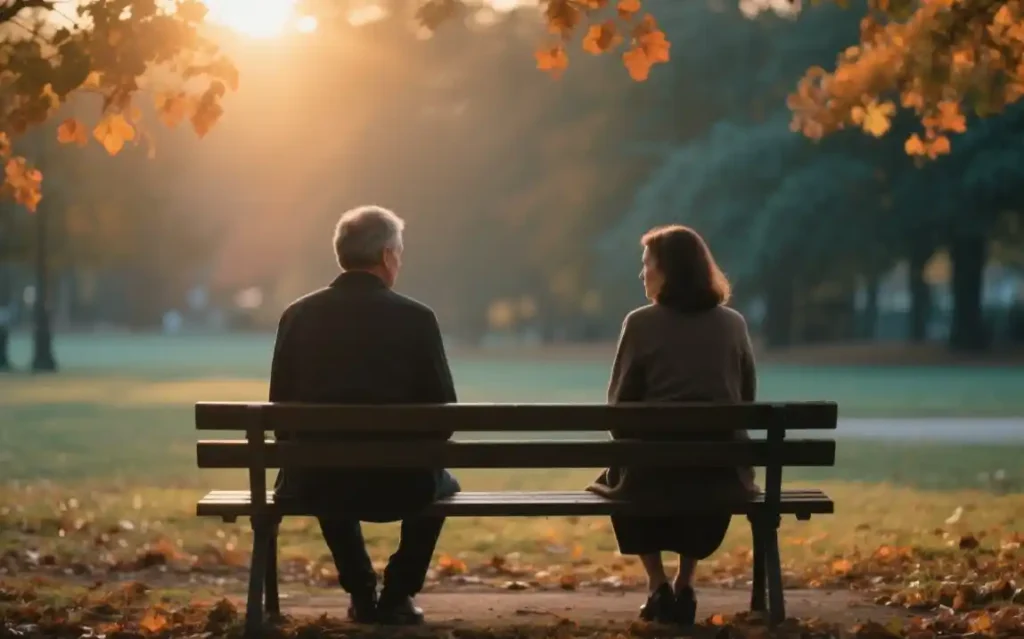 warm evening light, two adults sitting on opposite ends of a quiet park bench, facing away from each other, soft golden hour sunbeams filtering through autumn leaves