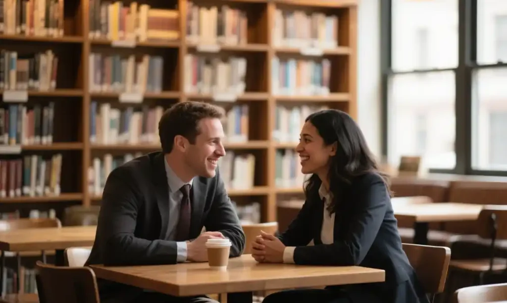 Warm library or quiet coffee-shop interior, two diverse American professionals (one man, one woman) engaged in active listening, leaning slightly forward, genuine smiles, soft afternoon window light, wooden tables, bookshelves in soft bokeh