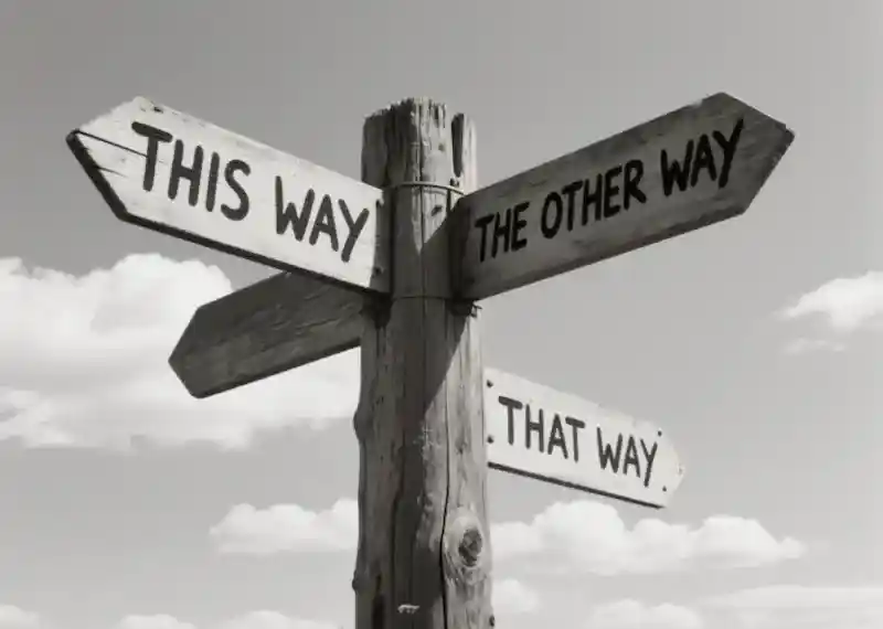 Wooden directional road signpost with THIS WAY THAT WAY THE OTHER WAY text against blue sky with clouds - countryside navigation symbol