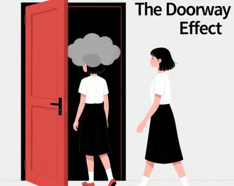 Illustration showing the doorway effect: a figure with a gray cloud near a red door, with the text 'The Doorway Effect' displayed.