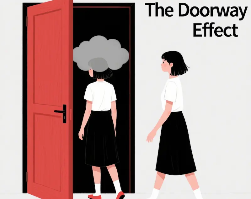 Illustration showing the doorway effect: a figure with a gray cloud near a red door, with the text 'The Doorway Effect' displayed.