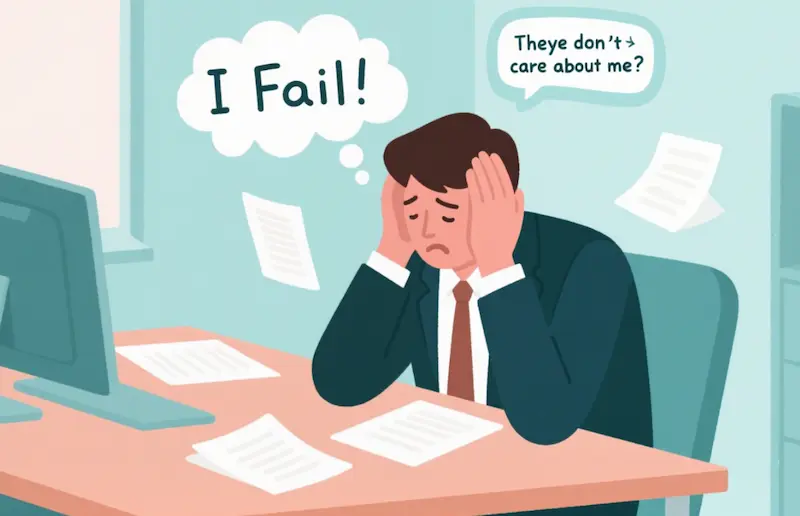 Illustration of a stressed professional with distorted negative thoughts