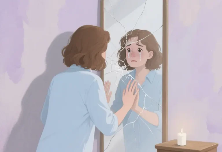 Illustration of a person looking into a cracked mirror, symbolizing hidden emotional damage from covert abuse