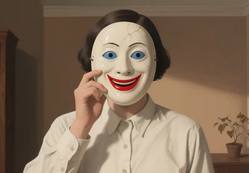 A person smiling in public while wearing a mask, but behind the mask their expression shows control and manipulation
