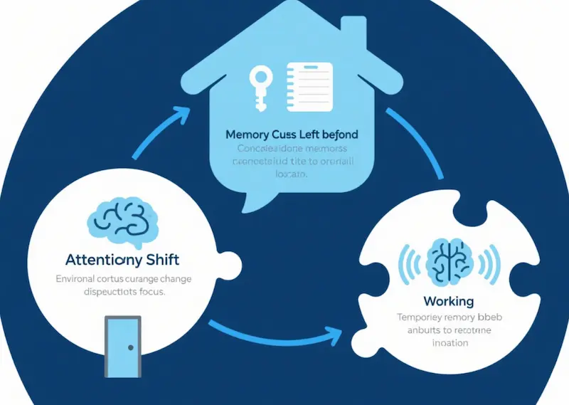 Infographic of psychological causes of the doorway effect: attention shift, context switching, working memory limits