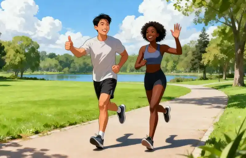 Scene of two friends jogging together in the park, smiling and encouraging each other, representing accountability partners as external support for the flywheel effect.