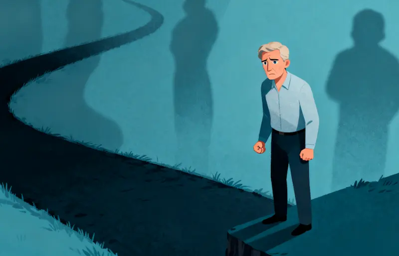 Illustration of a person hesitating at the edge of a dark unknown path, symbolizing fear of the unknown when starting goals