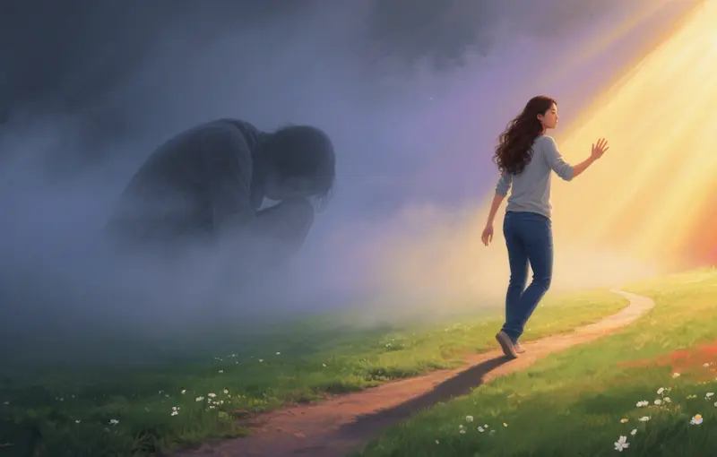 A hopeful illustration of a person stepping out of a dark fog into sunlight, symbolizing recovery and healing from covert abuse