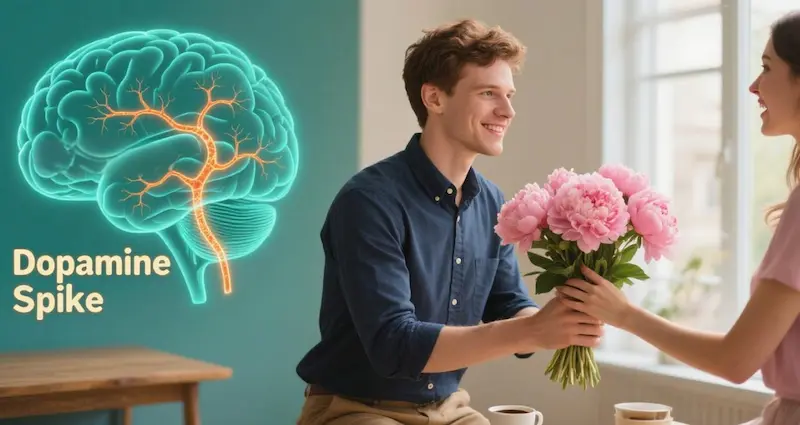 Simplified brain diagram highlighting the dopamine pathway (labeled "Dopamine Spike") next to a photo of a man surprising his partner with a bouquet of her favorite flowers—visualizing how unpredictable gestures fuel excitement in relationships.