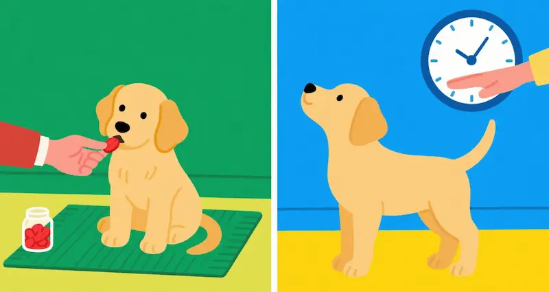 Side-by-side illustration: Left side shows a dog getting a treat every time it sits (continuous reinforcement), right side shows a dog looking eager for a random treat (intermittent reinforcement)—simplifying B.F. Skinner’s behavioral psychology concept for relationships.