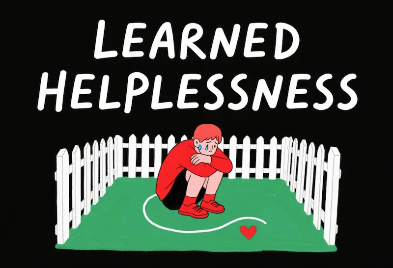 Illustration showing a figure representing learned helplessness, with the text "LEARNED HELPLESSNESS" displayed