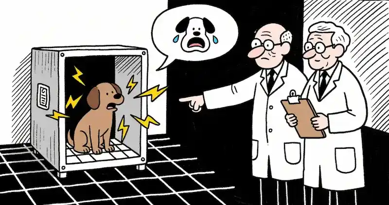 Black and white illustration of psychological experiment with dog in shock chamber and researchers observing