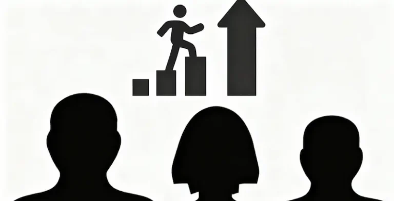 Icon illustrating Social Facilitation: A person climbs upward on increasing steps while an audience watches, representing how others’ presence enhances individual performance.