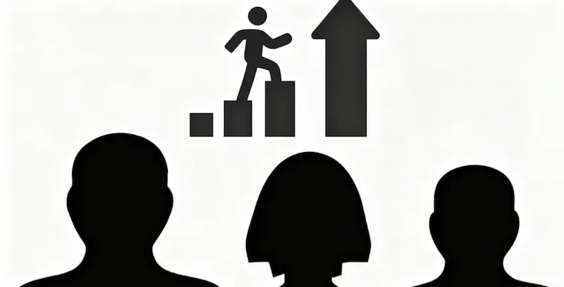 Icon illustrating Social Facilitation: A person climbs upward on increasing steps while an audience watches, representing how others’ presence enhances individual performance.