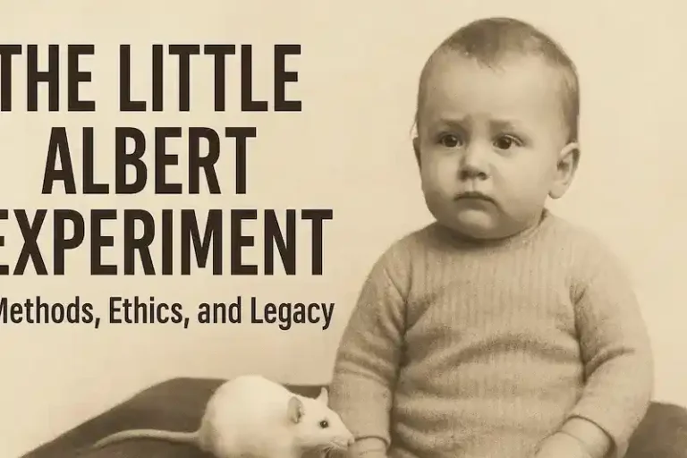 Vintage-style illustration representing the Little Albert experiment, showing a baby next to a white rat with the title “The Little Albert Experiment: Methods, Ethics, and Legacy.”